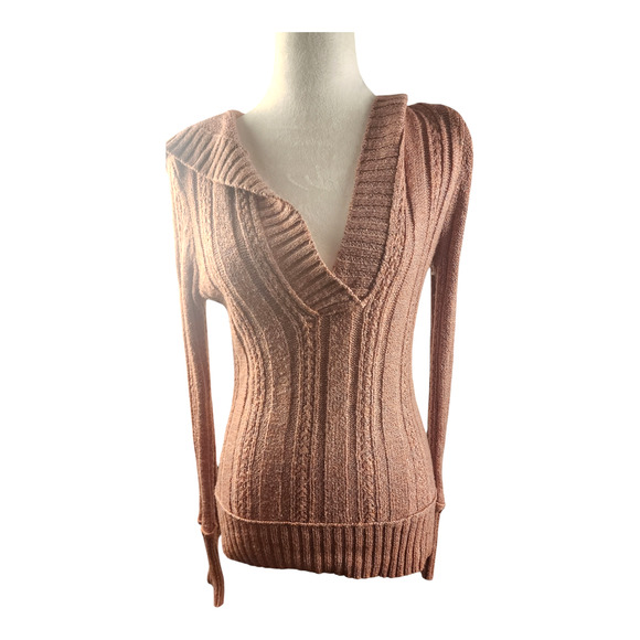 Maurices Women's Med Pink Sweater Hooded V-Plunge Neckline Knit Pullover - Picture 2 of 8